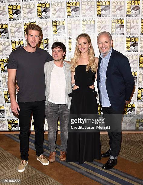 Actors Liam Hemsworth, Josh Hutcherson, Jennifer Lawrence and director Francis Lawrence of "The Hunger Games: Mockingjay - Part 2" attends the...