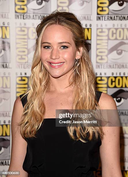 Actress Jennifer Lawrence of "The Hunger Games: Mockingjay - Part 2" attends the Lionsgate press room during Comic-Con International 2015 at the...