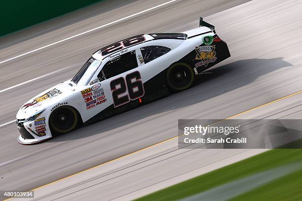 Timmy Hill, driver of the JGL Racing Toyota, drives during practice for the NASCAR XFINITY Series July Kentucky Race at Kentucky Speedway on July 9,...