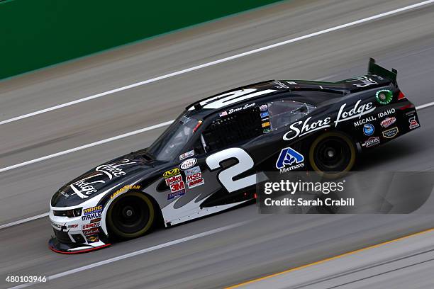 Brian Scott, driver of the Shore Lodge Chevrolet, drives during practice for the NASCAR XFINITY Series July Kentucky Race at Kentucky Speedway on...