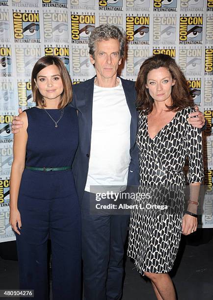 Actress Jenna Coleman, actor Peter Capaldi and actress Michelle Gomez attend BBC America's official panel for "Doctor Who" during Comic-Con...