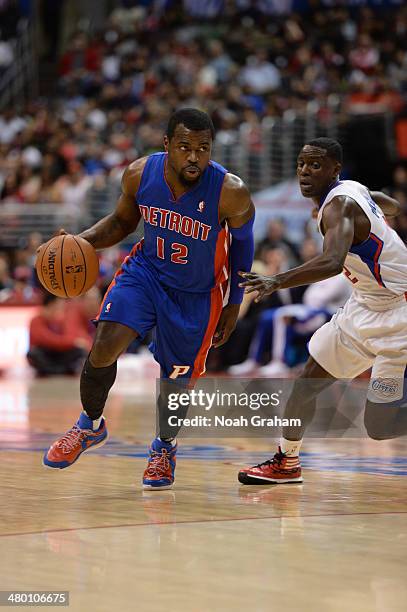 Will Bynum of the Detroit Pistons handles the basketball against the Los Angeles Clippers at STAPLES Center on March 22, 2014 in Los Angeles,...
