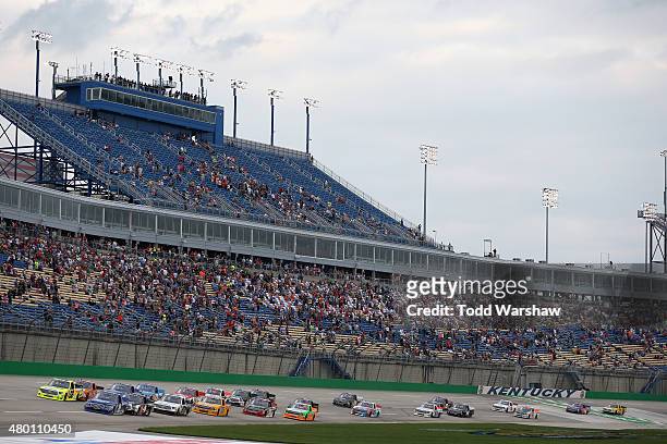 Matt Crafton, driver of the Ideal Door/Menards Toyota, and Tyler Reddick, driver of the BBR Music Group Ford, lead the field to start the Camping...