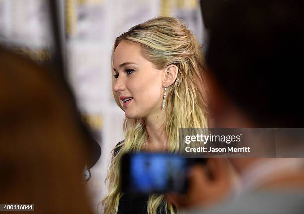 Actress Jennifer Lawrence of "The Hunger Games: Mockingjay - Part 2" attends the Lionsgate press room during Comic-Con International 2015 at the...