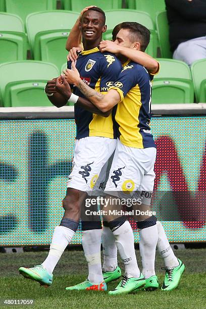 Bernie Ibini-Isei of the Mariners celebrates a goal during the round 24 A-League match between Melbourne Heart and the Central Coast Mariners at AAMI...