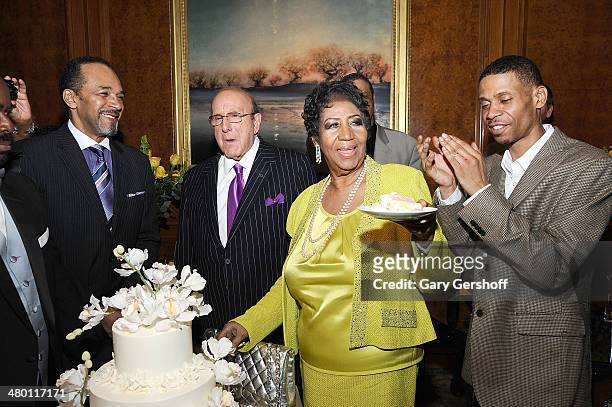 Actor Clifton Davis, Clive Davis, Aretha Franklin and son Kecalf Franklin attend Aretha Franklin's 72nd Birthday Celebration at The Ritz-Carlton...