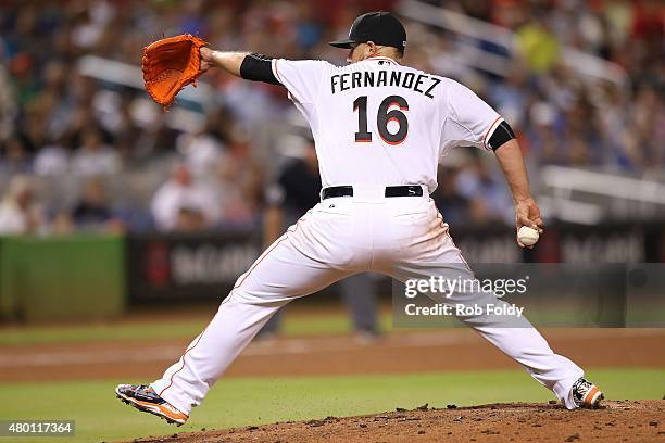 Jose Fernandez of the Miami Marlins pitches during the game against the Cincinnati Reds at Marlins Park on July 9, 2015 in Miami, Florida.