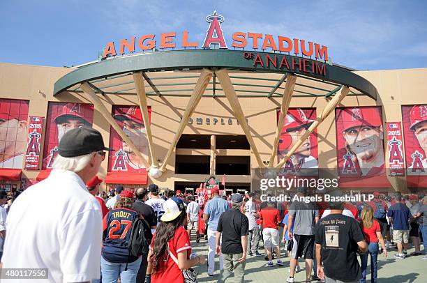 General view of the stadium exterior facade as fans enter before the game between the New York Yankees and the Los Angeles Angels of Anaheim at Angel...