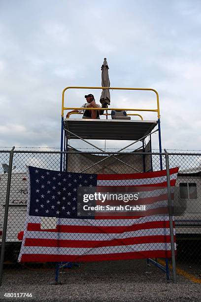 Fan looks on during the NASCAR Camping World Truck Series UNOH 225 at Kentucky Speedway on July 9, 2015 in Sparta, Kentucky.