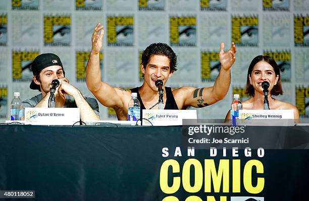 Actors Dylan O'Brien, Tyler Posey and Shelley Hennig speak onstage at MTV's "Teen Wolf" panel during Comic-Con International 2015 at the San Diego...