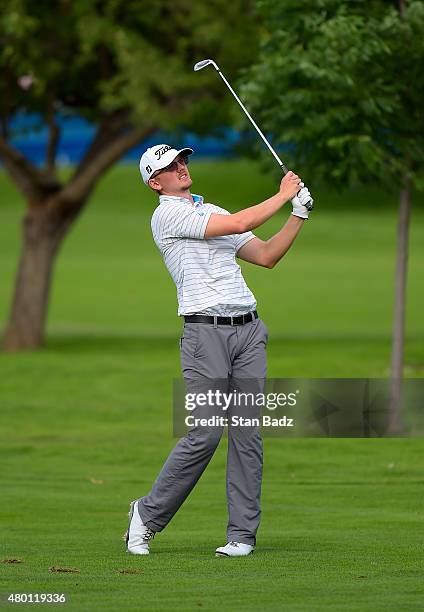 Jim Knous plays a shot on the 18th hole during the first round of the Web.com Tour Albertsons Boise Open presented by Kraft Nabisco at Hillcrest...