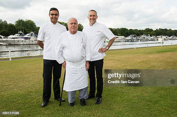 Chefs Atul Kochhar, Albert Roux and Michel Roux Jr pose on Day 1 of The Henley Festival on July 8, 2015 in Henley-on-Thames, England.