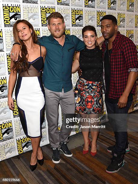 Actors Rhona Mitra, Travis Van Winkle, Marissa Neitling and Jocko Sims attend TNT's "The Last Ship" Press Room during Comic-Con International 2015 at...