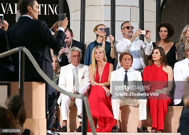 Giancarlo Giammetti, Gwyneth Paltrow and Valentino Garavani attend the Valentinos 'Mirabilia Romae' haute couture collection fall/winter 2015 2016 at...