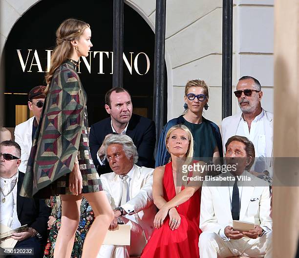 Front row, Giancarlo Giammetti, Gwyneth Paltrow and Valentino Garavani attend the Valentinos 'Mirabilia Romae' haute couture collection fall/winter...