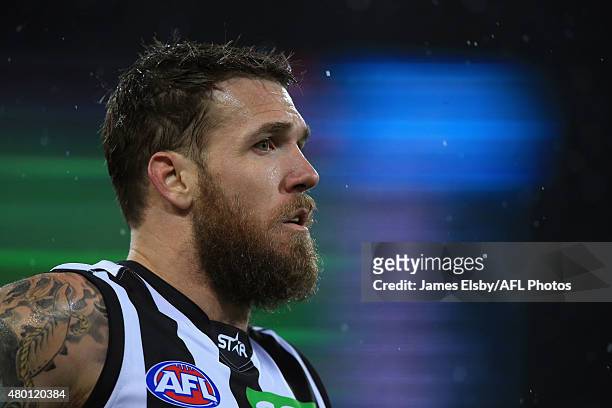 Dane Swan of the Magpies in action in his 250th game during the 2015 AFL round 15 match between Port Adelaide Power and the Collingwood Magpies at...