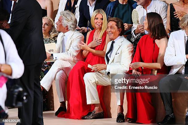 Giancarlo Giammetti, Gwyneth Paltrow and Valentino Garavani attend the Valentino Mirabilia Romae Fashion show at Piazza Mignanelli on July 9, 2015 in...