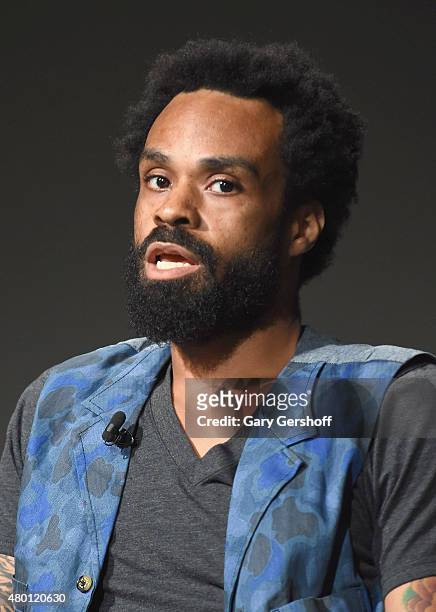 Recording artist Bilal speaks on stage during ' Apple Store Soho Presents Meet the Musician: Bilal' at Apple Store Soho on July 9, 2015 in New York...