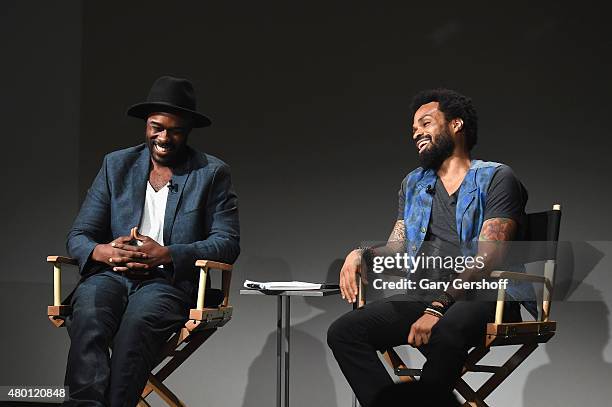 Moderator Bonsu Thompson and recording artist Bilal attend ' Apple Store Soho Presents Meet the Musician: Bilal' at Apple Store Soho on July 9, 2015...