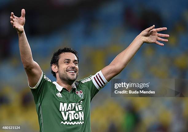 Fred of Fluminense celebrates a victory after a match between Fluminense and Cruzeiro as part of Brasileirao Series A 2015 at Maracana Stadium on...