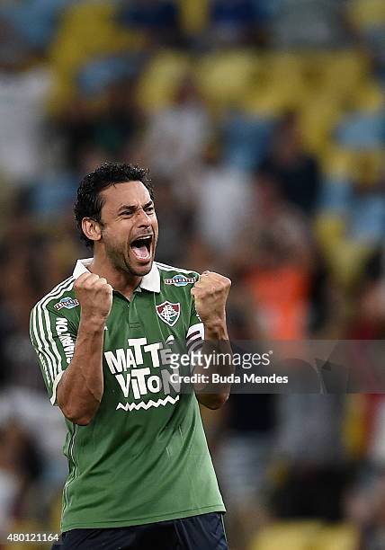 Fred of Fluminense celebrates a victory after a match between Fluminense and Cruzeiro as part of Brasileirao Series A 2015 at Maracana Stadium on...