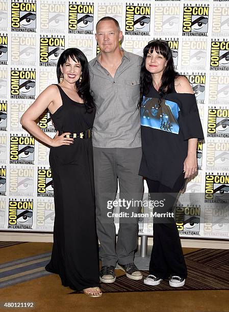 Actors Grey Griffin, Matthew Lillard and Pauley Perrette attend the Scooby-Doo! and Kiss: Rock and Roll Mystery Press Room during Comic-Con...