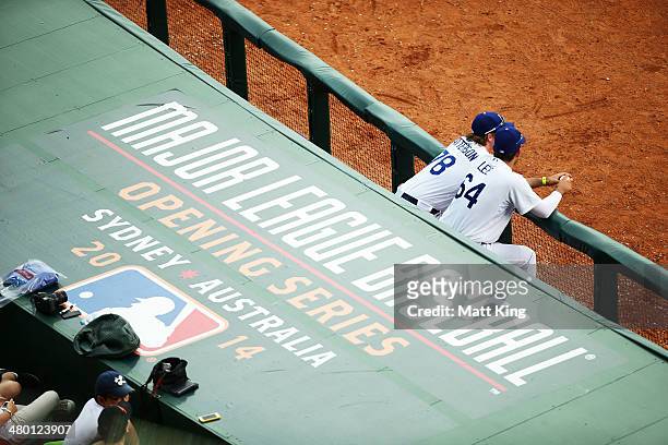 Dodgers players stand in the dugout during the MLB match between the Los Angeles Dodgers and the Arizona Diamondbacks at Sydney Cricket Ground on...