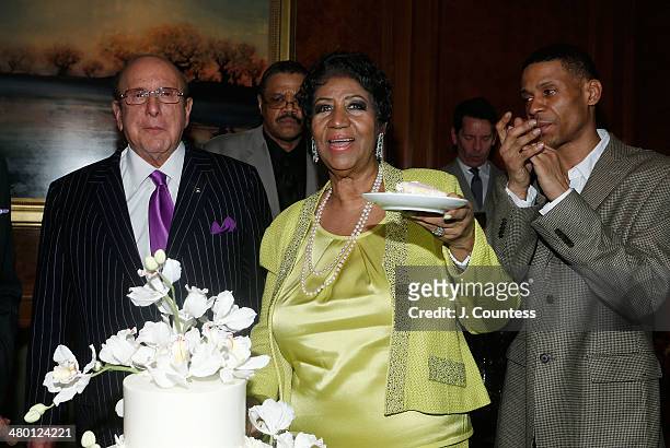 Music executive Clive Davis, singer Aretha Franklin and Kecalf Cunningham attend Aretha Franklin's 72nd Birthday Celebration at the Ritz Carlton on...