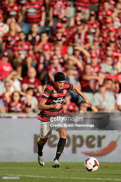 Jerome Polenz of the Wanderers runs with the ball during the round 24 A-League match between the Western Sydney Wanderers and Perth Glory at...