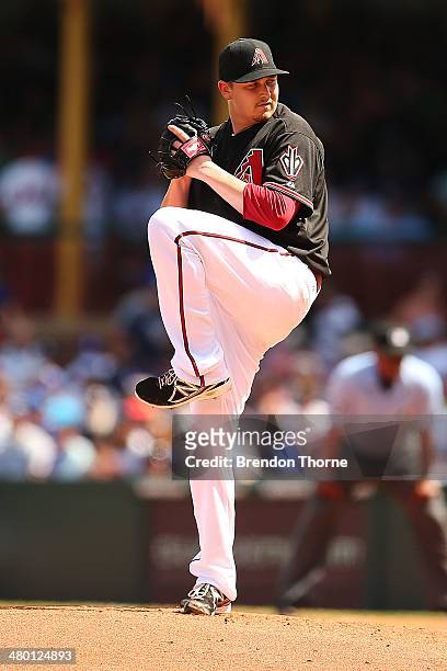 Trevor Cahill of the Diamondbacks pitches during the MLB match between the Los Angeles Dodgers and the Arizona Diamondbacks at Sydney Cricket Ground...