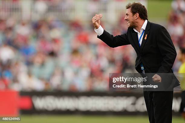 Tony Popovic, coach of the Wanderers, reacts during the round 24 A-League match between the Western Sydney Wanderers and Perth Glory at Parramatta...