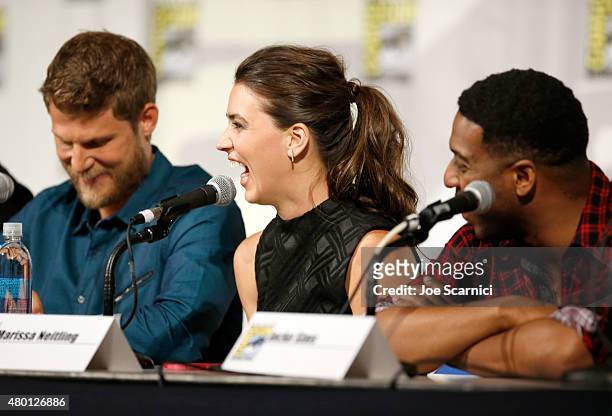 Actors Travis Van Winkle, Marissa Neitling and Jocko Sims speak onstage at "The Last Ship" panel during TNT at Comic-Con International: San Diego...