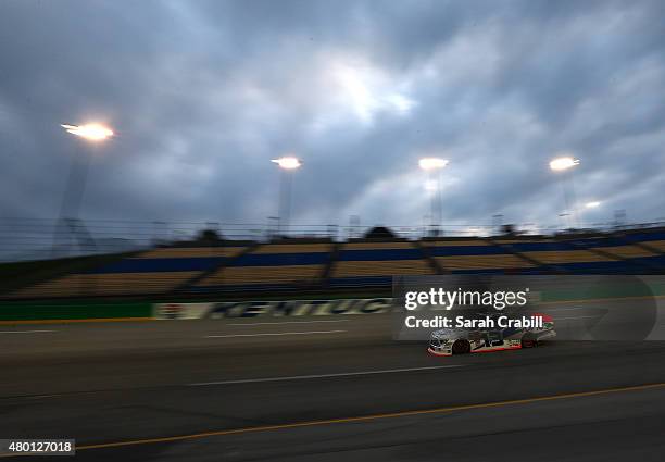 Cameron Hayley, Driver of the Advics Toyota, drives during the NASCAR Camping World Truck Series UNOH 225 at Kentucky Speedway on July 9, 2015 in...