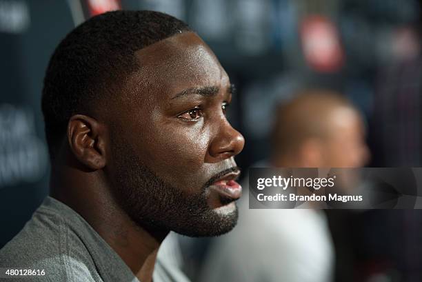 Anthony Johnson speaks to the media during the UFC International Fight Week Ultimate Media Day at MGM Grand Hotel & Casino on July 9, 2015 in Las...