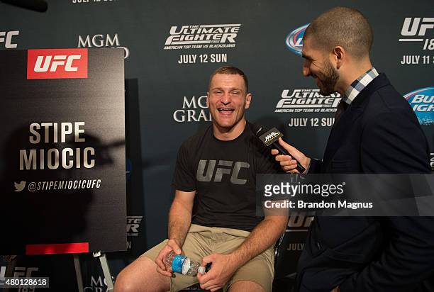 Stipe Miocic speaks to the media during the UFC International Fight Week Ultimate Media Day at MGM Grand Hotel & Casino on July 9, 2015 in Las Vegas...