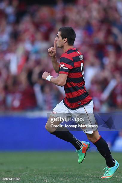 Tomi Juric of the Wanderers celebrates his goal during the round 24 A-League match between the Western Sydney Wanderers and Perth Glory at Parramatta...