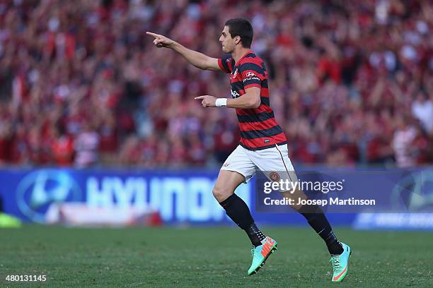 Tomi Juric of the Wanderers celebrates his goal during the round 24 A-League match between the Western Sydney Wanderers and Perth Glory at Parramatta...