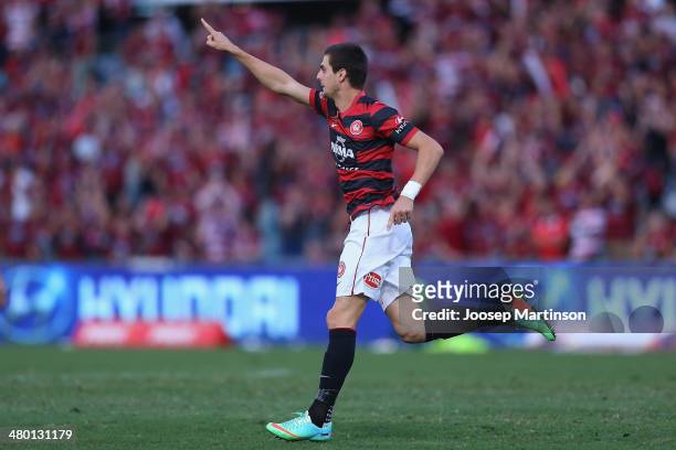 Tomi Juric of the Wanderers celebrates his goal during the round 24 A-League match between the Western Sydney Wanderers and Perth Glory at Parramatta...