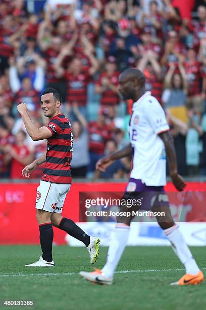 Mark Bridge of the Wanderers celebrates his goal during the round 24 A-League match between the Western Sydney Wanderers and Perth Glory at...