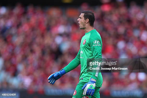 Ante Covic of the Wanderers screams to his team-mates during the round 24 A-League match between the Western Sydney Wanderers and Perth Glory at...