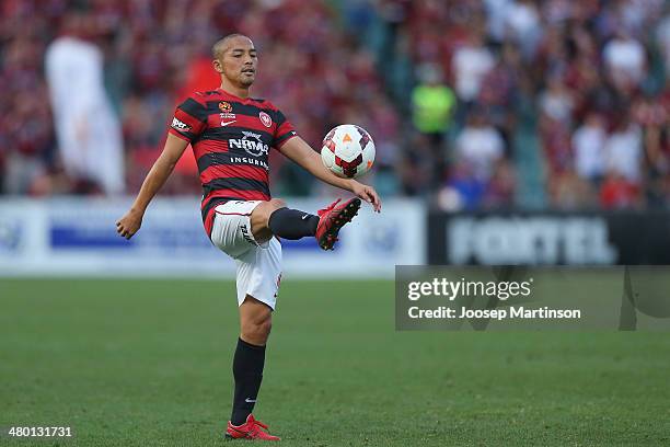 Shinji Ono of the Wanderers controls the ball during the round 24 A-League match between the Western Sydney Wanderers and Perth Glory at Parramatta...