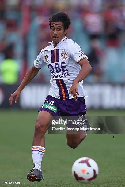 Matthew Davies of the Glory controls the ball during the round 24 A-League match between the Western Sydney Wanderers and Perth Glory at Parramatta...