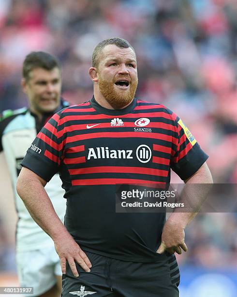 Matt Stevens of Saracens looks on during the Aviva Premiership match between Saracens and Harlequins at Wembley Stadium on March 22, 2014 in London,...