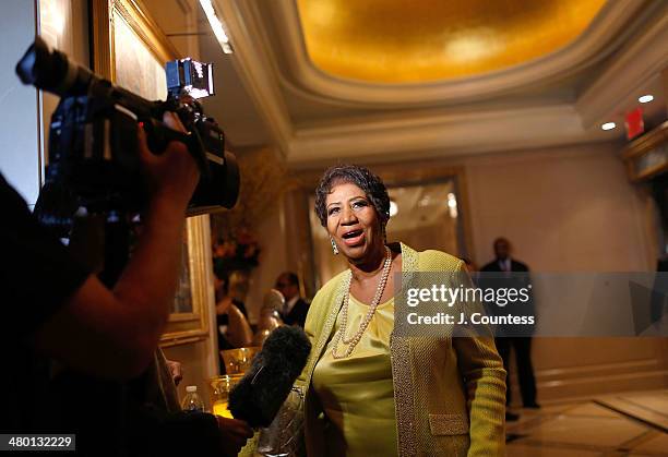 Singer Aretha Franklin speaks to the media at her 72nd Birthday Celebration at the Ritz Carlton on March 22, 2014 in New York City.