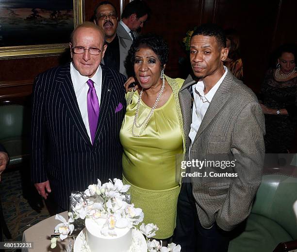 Music executive Clive Davis, singer Aretha Franklin and Kecalf Cunningham attend Aretha Franklin's 72nd Birthday Celebration at the Ritz Carlton on...