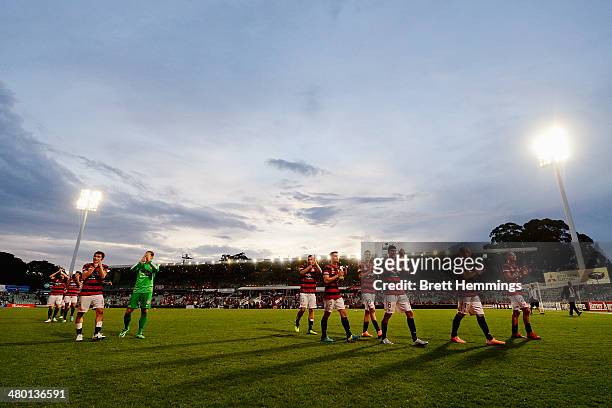 Wanderers players acknowledge the crowd during the round 24 A-League match between the Western Sydney Wanderers and Perth Glory at Parramatta Stadium...