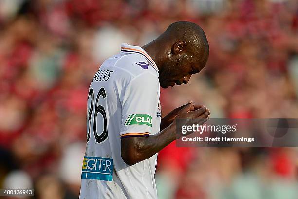 William Gallas of Perth reacts during the round 24 A-League match between the Western Sydney Wanderers and Perth Glory at Parramatta Stadium on March...