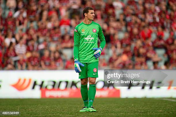 Ante Covic of the Wanderers looks on during the round 24 A-League match between the Western Sydney Wanderers and Perth Glory at Parramatta Stadium on...