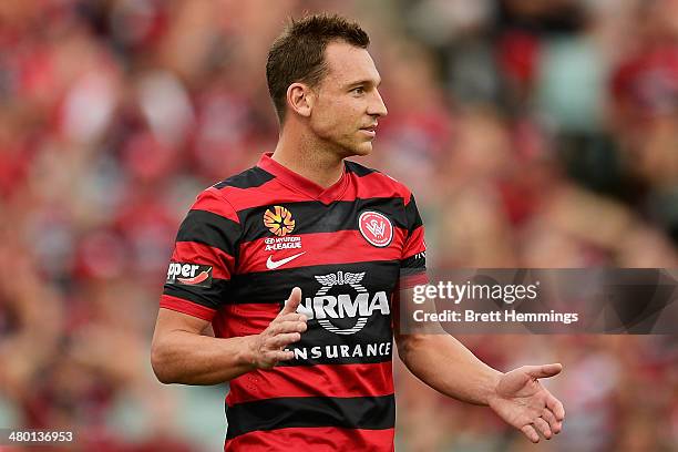 Brendon Santalab of the Wanderers looks on during the round 24 A-League match between the Western Sydney Wanderers and Perth Glory at Parramatta...