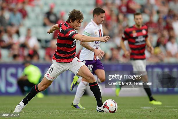 Mateo Poljak of the Wanderers controls the ball during the round 24 A-League match between the Western Sydney Wanderers and Perth Glory at Parramatta...